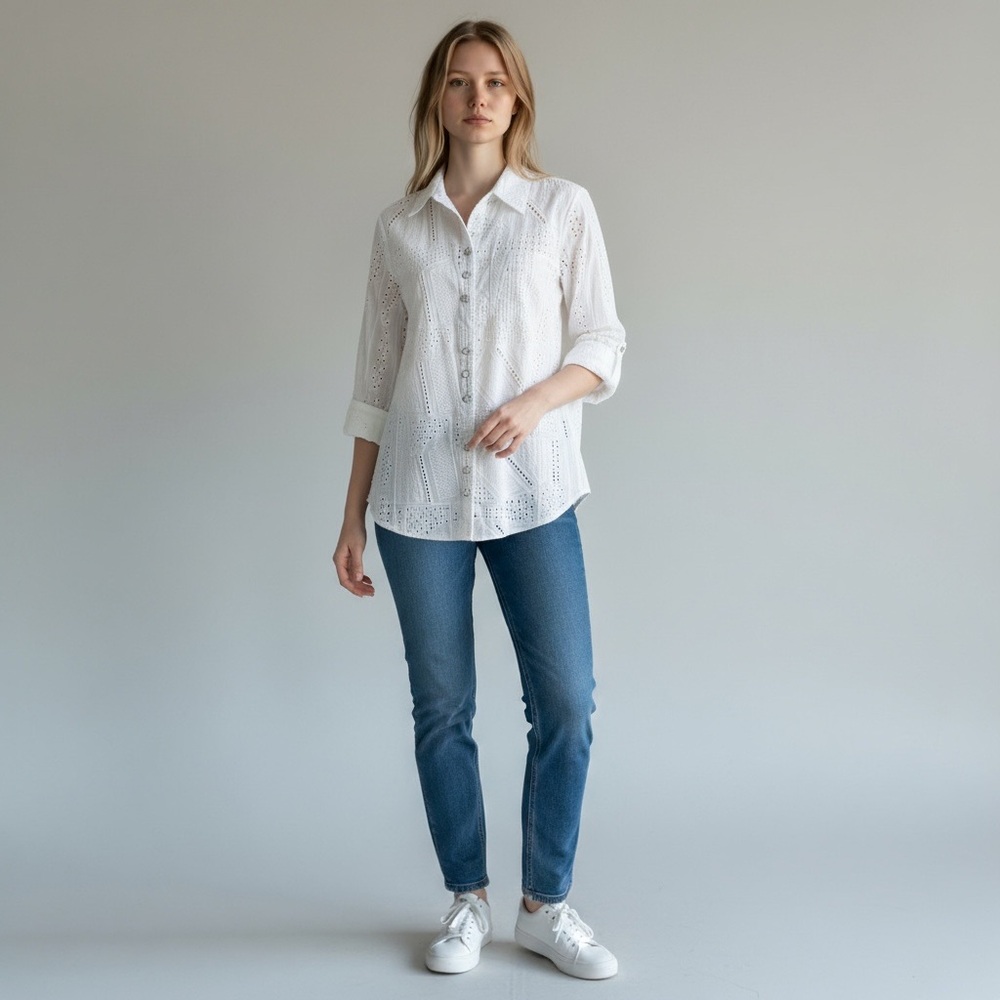 Sharon‎ Young White Eyelet Button Down Shirt Size Small New